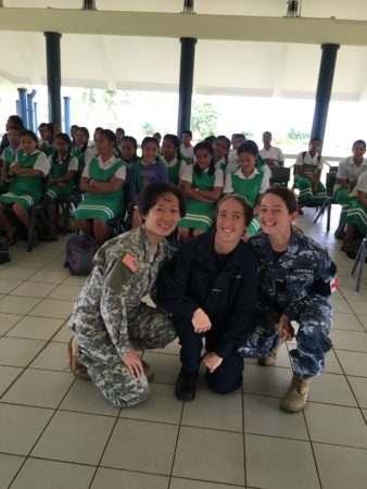 Leading Aircraftman (LAC) Chantelle Ramage from the Royal New Zealand Air Force and colleagues from the United States and Australia visit a school in Lifuka, one of two main islands in Tonga’s Ha’apai island group. LAC Ramage forms part of the multinational task group led by the New Zealand Defence Force that has been undertaking humanitarian projects in Tonga as part of Exercise Tropic Twilight 2016.