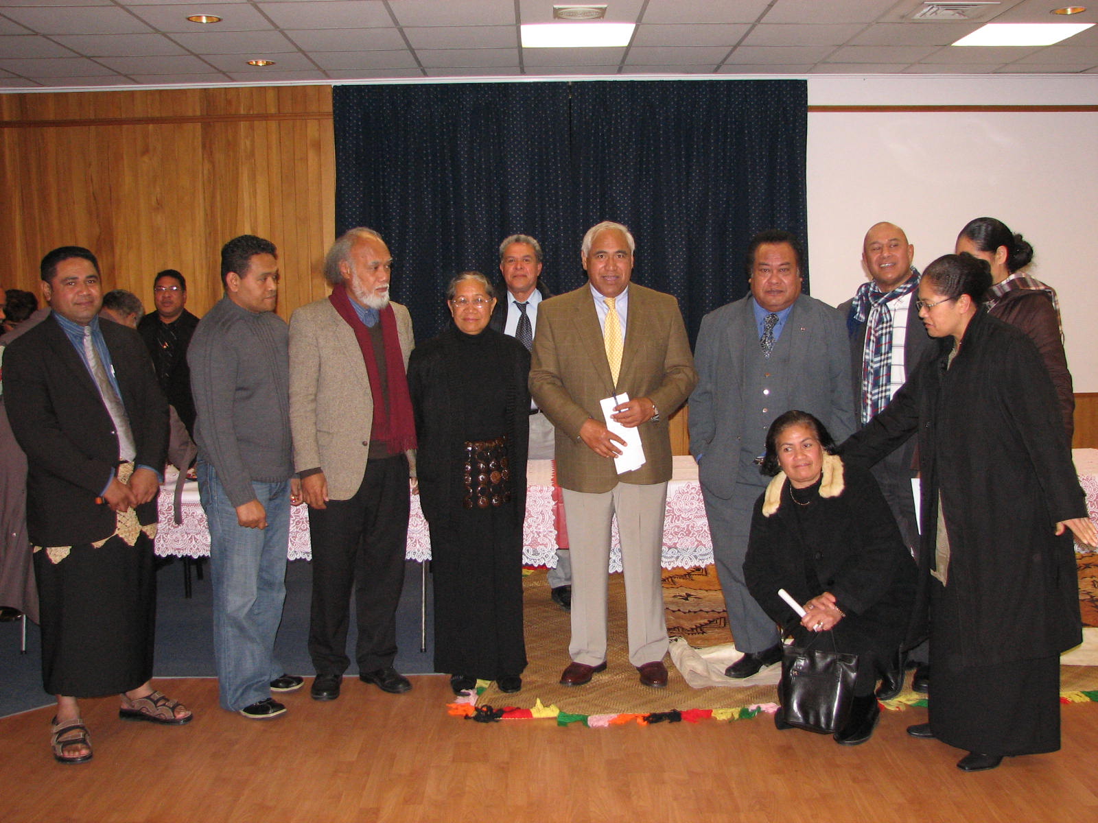 In picture, the Prince in the middle holding the white document, on his left is Dr ʻAna Taufeʻulungaki and Dr Sitiveni Halapua and members of the Tongan community in New Zealand after the meeting in Otahuhu with the Tonga community. Photo/Tauʻataina Newspaper