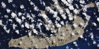 Pumice raft at sea after underwater eruption near Tonga