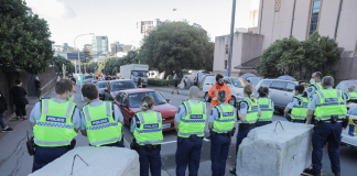 Police in riot gear, protester drives car into police