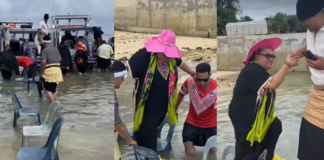 ‘Chair-wharf in Action’ Tonga locals create makeshift pathway with chairs for boat passengers