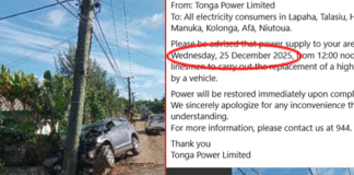 Tonga Power misdates outage notice after crash, listing Christmas Day instead of Christmas Eve, Wednesday 24