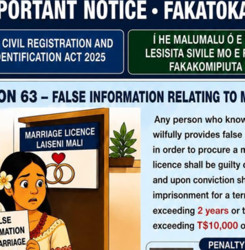 Tonga Justice warns over false information in birth, death and marriage registrations