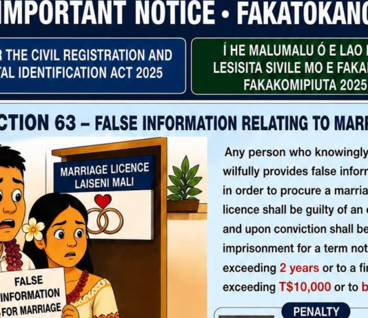 Tonga Justice warns over false information in birth, death and marriage registrations